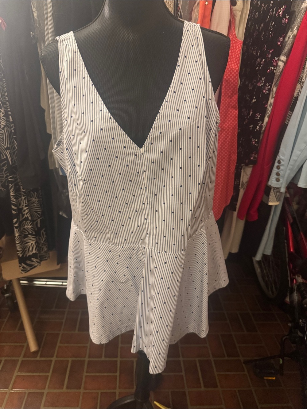 Lane Bryant White Sleeveless V-Neck Peplum Top with Navy Stripes